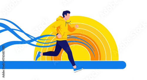 A vector illustration of a man running with abstract lines  against a yellow background