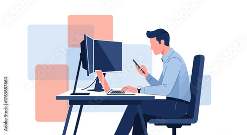 Businessman works on laptop and smartphone at office desk using a computer and smart device no comma