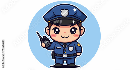 Cute cartoon police officer holding a walkie talkie in uniform.