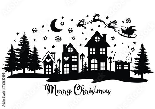 Merry christmas santa sleigh with reindeers vector illustration, Winter villages with festive christmas background.