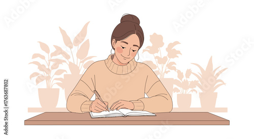 A woman writing in her journal surrounded by plants creating a cozy atmosphere graphic