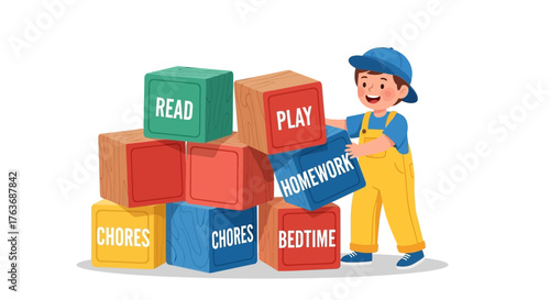 A young boy arranging blocks representing a daily routine of activities for illustrative purposes
