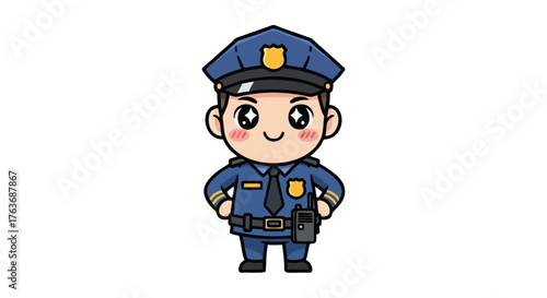 Cute cartoon police officer standing in uniform smiling.