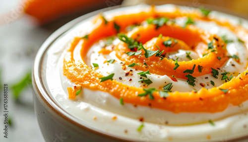 Creamy yogurt swirled with carrot topping, garnished with finely chopped herbs. Tasty food.