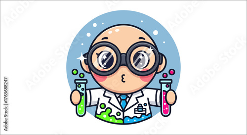 Cute cartoon scientist holding test tubes with colorful liquids in a lab.