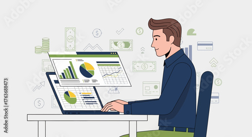 Businessman Analyzing Financial Data on a Laptop and Working on Business Strategy