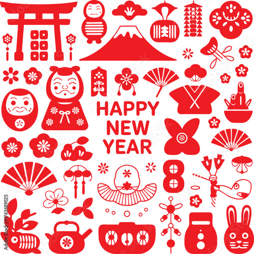 Red Flat Vector Collection of Japan New Year Lucky Charms and Symbols