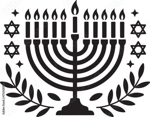 Black and white Hanukkah menorah with stars of david and laurel wreaths