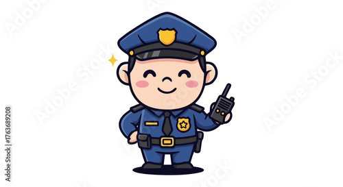 Cartoon Policeman with Walkie-Talkie, Cute and Friendly Illustration.