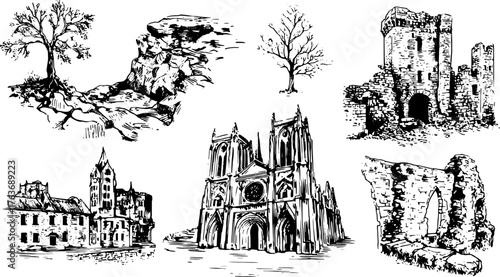 Engravings of various architectural structures and landscapes. Vintage line drawing of a castle and trees in black and white vector illustration set.
