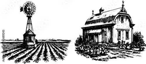 Windmill and farmhouse in black and white vector illustration. A rural landscape set depicting agriculture and traditional scenery.