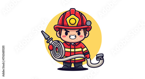 Cartoon Firefighter with Hose Ready for Action, Cute and Determined.
