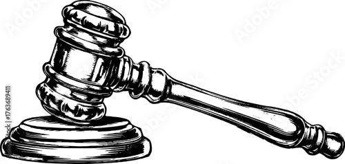 Vintage gavel graphic in outline style. Simple black and white vector illustration representing legal concepts and the judicial system.