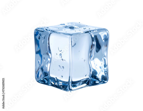 A glistening, transparent ice cube with water droplets, isolated on a black background
