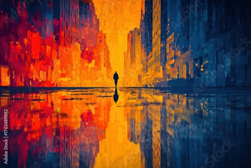 Vibrant cityscape at sunset with silhouetted figure in the foreground and colorful reflections on the wet pavement