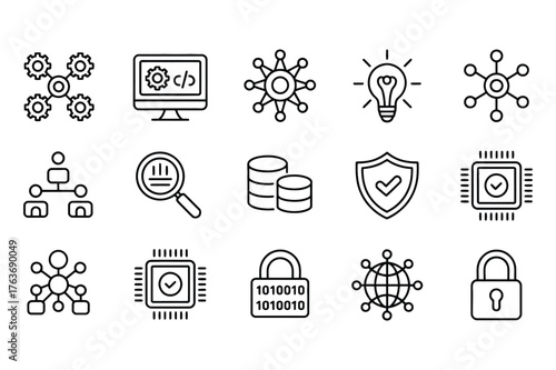 Collection of technology and data icons in a grid layout