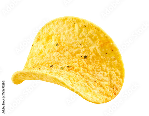 Isolated, close-up shot of a textured, seasoned, golden-yellow potato crisp