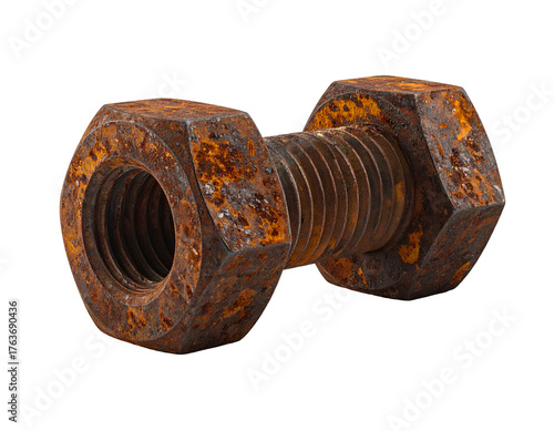A rusty, close-up view of a bolt and nut on a black background, showing detail