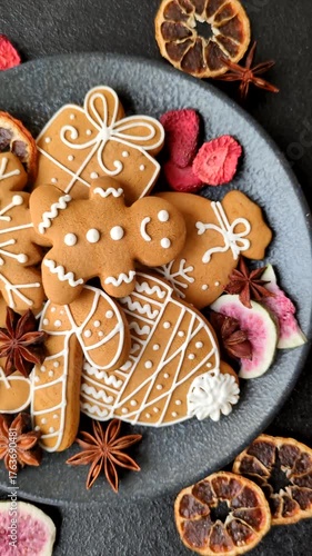 Christmas gingerbread, food for winter holidays, holiday table decoration. Christmas gingerbread