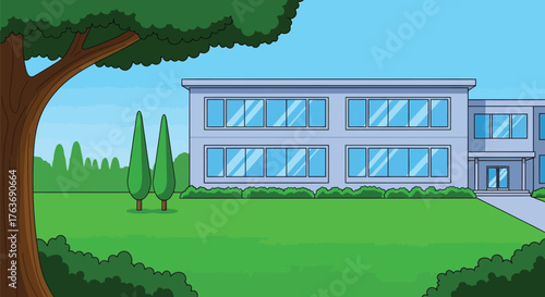 Cartoon school building exterior with green grass and trees view vector