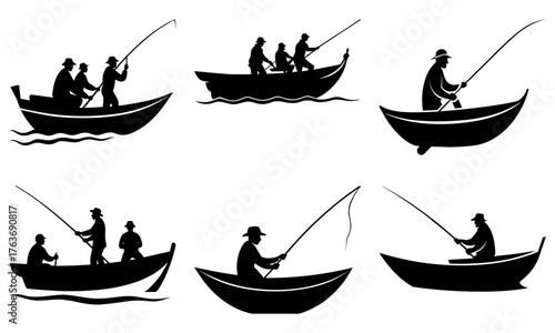 Serene silhouettes of people enjoying peaceful fishing trips on tranquil waters, capturing the joy of outdoor recreation and angling pursuits.