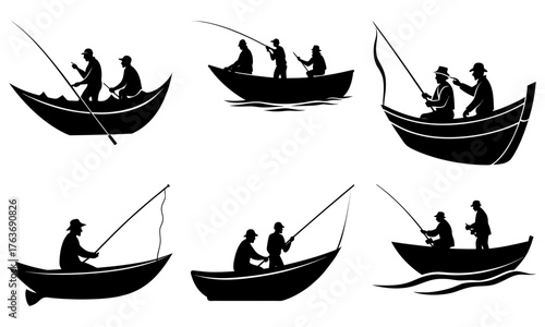 Silhouettes of anglers casting lines from boats, capturing the serene pursuit of fishing on tranquil waters