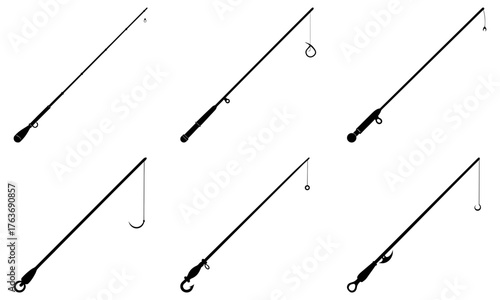 Diverse fishing rod icons showcase sport angling equipment in clean, modern silhouettes, perfect for outdoor adventure branding and hobbyist websites.