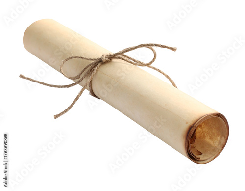 Rolled, aged parchment scroll tied with twine, isolated on black, slightly charred