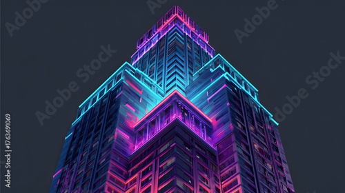 Tall modern skyscraper illuminated with vibrant neon lights against a dark night sky