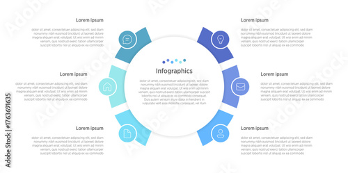 This vibrant vector infographic showcases a 6-step rounded timeline, interconnected by circular elements and enhanced with customizable layouts and marketing icons. 