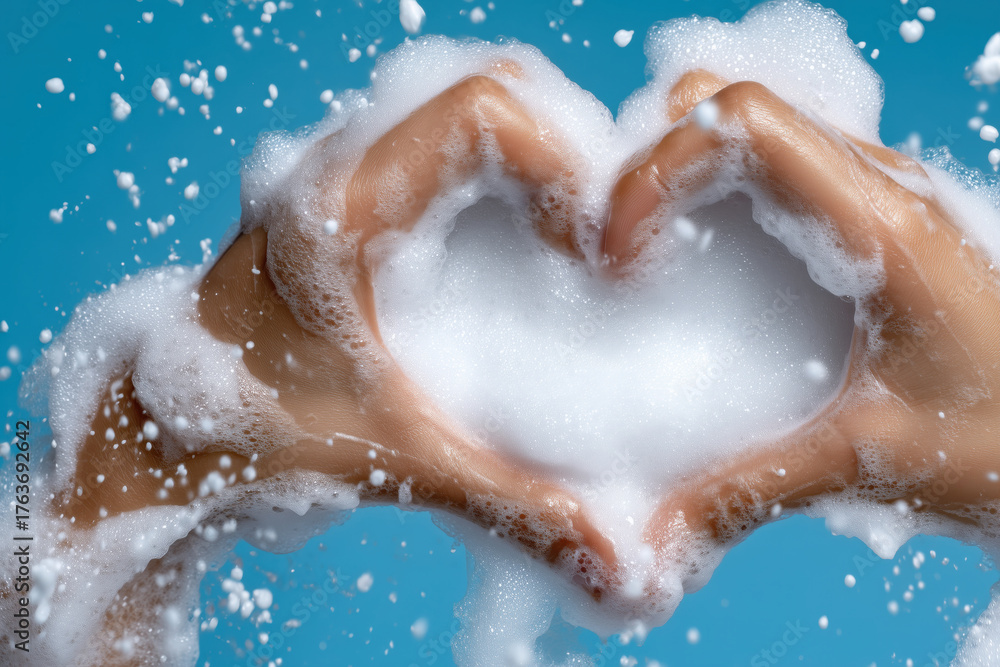 Fototapeta premium Hands forming heart shape with soap foam