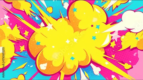 Pop art background animation of explosion motion and fire shapes