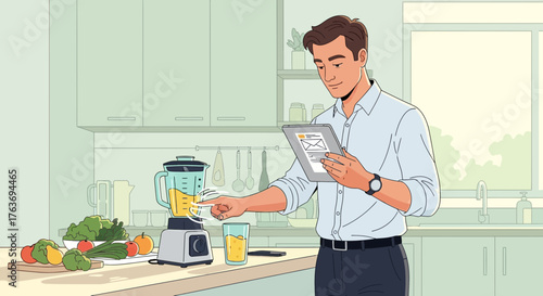 A man using a blender while looking at a tablet in the kitchen preparing a smoothie