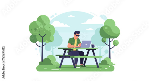 A Person Using Laptop at a Park with Trees, Illustration for Freelance and Digital Nomads
