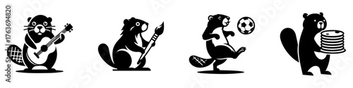 Beaver Cartoon Characters Playing Guitar Painting Kicking Ball Holding Pancakes.