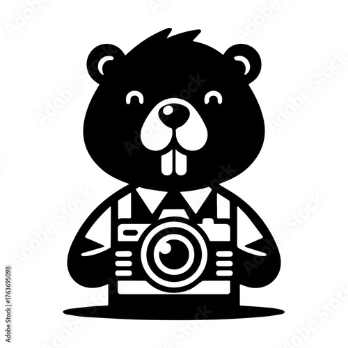 Beaver Photographer Holding Camera Smiling Happy Cartoon Illustration.
