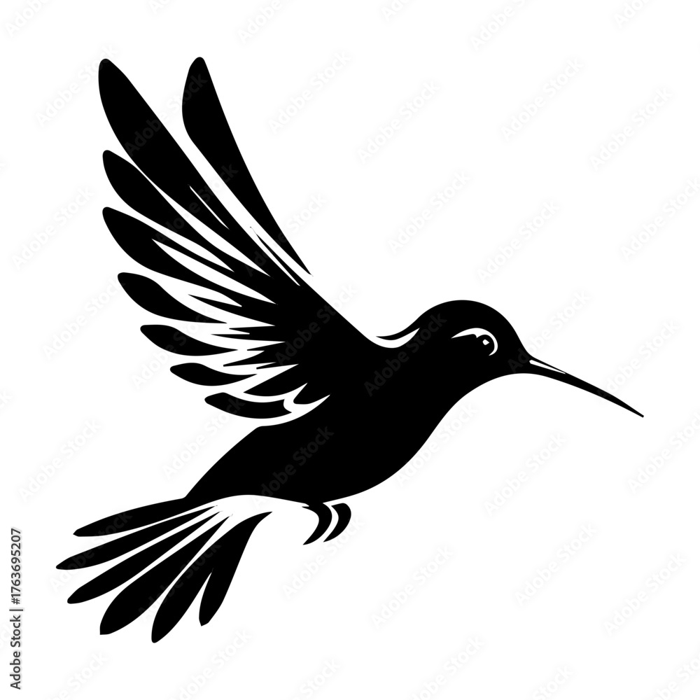 Fototapeta premium Hummingbird in Flight Silhouette: Elegant Black Bird Design.
