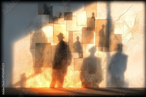 Shadows of figures cast on a textured wall in a warm-lit space during late afternoon hours