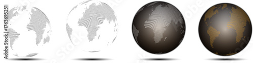 Set of globes of earth in vector round line art shape. Globes of world map representing on a transparent background. Realistic 3d abstract globe shape with continents