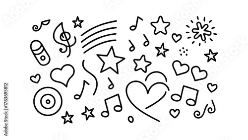 Black and White Hand Drawn Music Notes Hearts Stars and Swirls on White Background