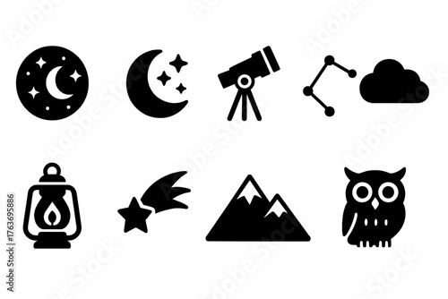 Astronomy solid icon set. Night sky, telescope, constellation symbols collection