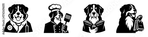 Dog Professions: Doctor Chef Scholar and Bartender in Black and White.
