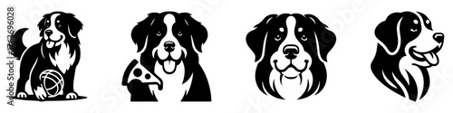 Bernese Mountain Dog Silhouettes: Playful Pizza Smiling Profile Black and White.