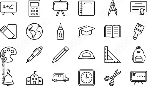 Education Line Icons Set – School, Study, Learning, Stationery and Classroom Outline Symbols, Minimal Flat Vector Icons for Teachers, Students, Online Courses, Back to School, and Educational Infograp