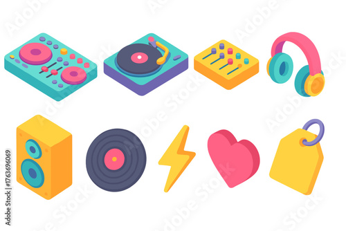 Music and entertainment 3d icon set. Dj, music gear and party symbols collection.