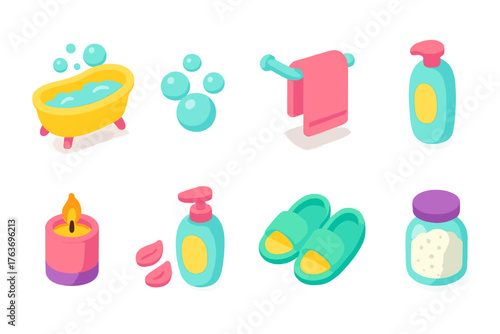 Bathroom essentials flat icon set. Hygiene, bath, spa flat icons collection