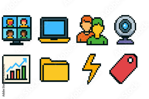 Business technology pixel icon set. Digital, online, tech, analytics icons collection