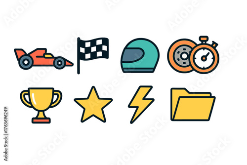 Racing and motorsport linear icon set. Speed, competition, trophy outline icons.