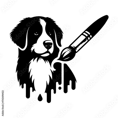 Artistic Dog with Paintbrush: Creative Canine Portrait.