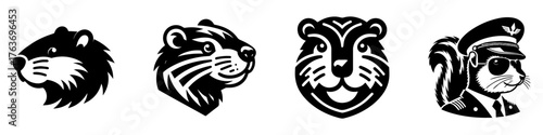 Animal Cartoon Characters Set Black and White.